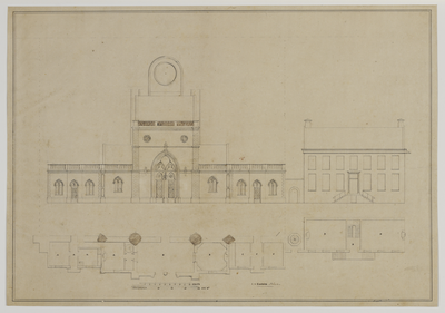 216358 Opstand en plattegrond van de westgevel van de Domkerk te Utrecht; met de ontworpen aanbouw van twee nieuwe ...